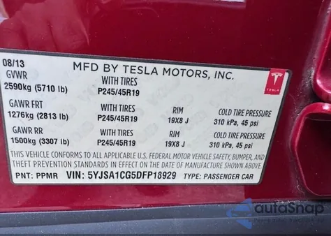 2013 Tesla Model S из США, поврежденный, VIN 5YJSA1CG5DFP18929